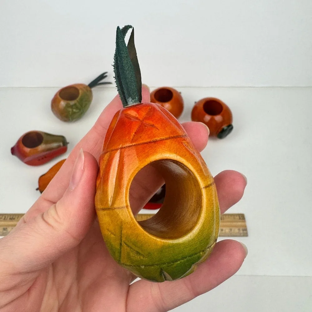 Vtg 8 Hand Painted Carved Wooden Lacquered Fruit Vegetable Napkin Rings Colorful